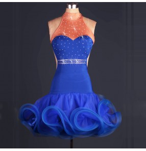 Royal blue flesh fabric patchwork backless  rhinestones competition performance professional latin ballroom dance dresses outfits